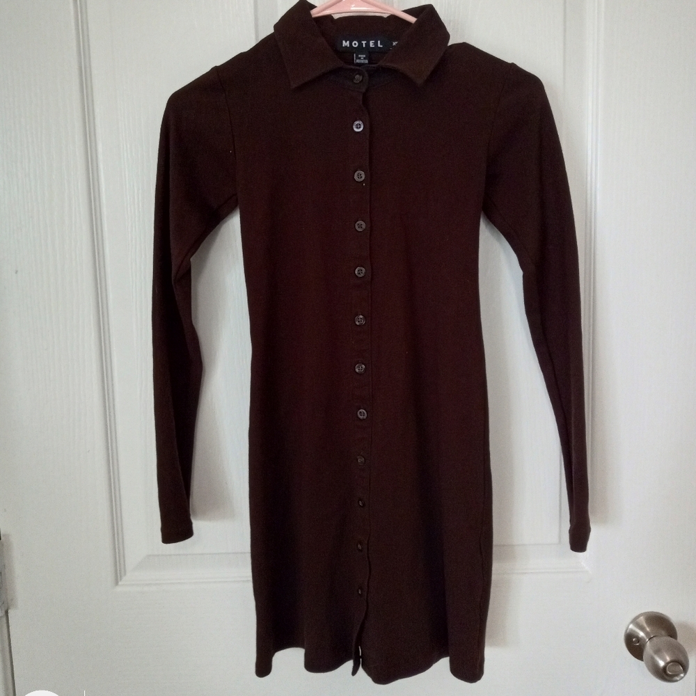 Motel Rocks Women's Luiza Mini Dress in Rib Bitter Chocolate Brown Size XS - Picture 2 of 6